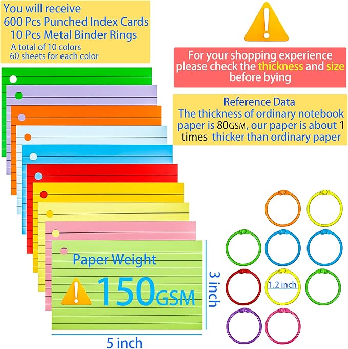600Pcs Colored Index Cards 3x5 Inch Flash Cards with Rings Lined Note Card Flashcards, Colorful Ruled Card Pad Index Note Books 3 x 5 Notecards for Studying School Supply College Office