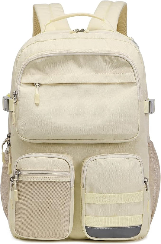 Lohol Water Resistant Backpack with Multifunctional Pockets for Teens, Durable Bookbag fits 15.6 inch Laptop for School Travel College, 25L (Beige)