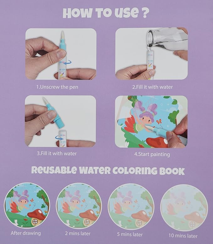 Magic Water Coloring Books for Children - Reusable Mess Free Water Reveal Art Kit with Water Pen, Travel Toys Easter Basket Stuffers for Kids Ages 3-12 Boys Girls Party Favors