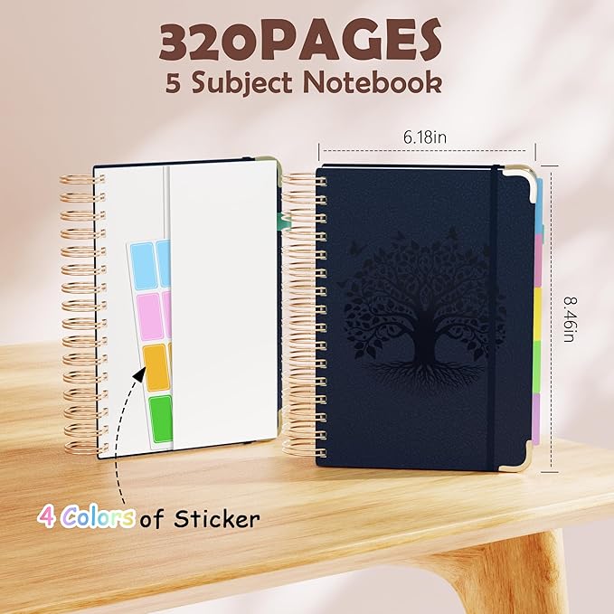 QIYVLOS Hardcover Spiral Notebook, A5 Journal with Removable Dividers Tabs, 5 Subject Notebook College Ruled, 320 Pages 6"x8" Leather Notebooks for Work School Study, Lined Journal for Women, Navy