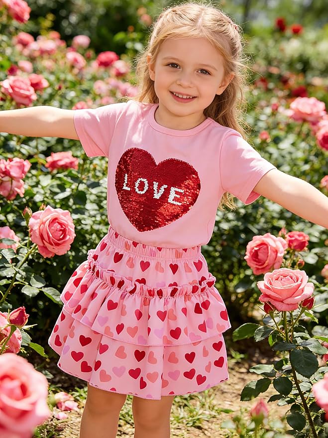 Little Girls Skirt Set - 2 Piece Short Sleeve Top Shirred Tiered Skirt Outfit Girls Spring Summer Clothes 3-8 Years