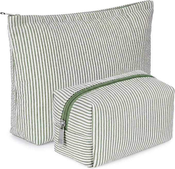 Huhumy 2 Pcs Makeup Bag Set for Women, Bean Green, Thin Striped Seersucker | Cute Cosmetic Pouch Women Travel Toiletry Bag Preppy Small Makeup Purse Pouch Aesthetic Skincare Brushes Storage Organizer