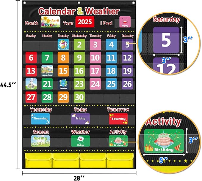 Calendar and Weather Pocket Chart for Kids Learning, Large 44.5”x28” Homeschooling Calendar Pocket Chart with 113 Cards, Teacher and Back to School Supplies