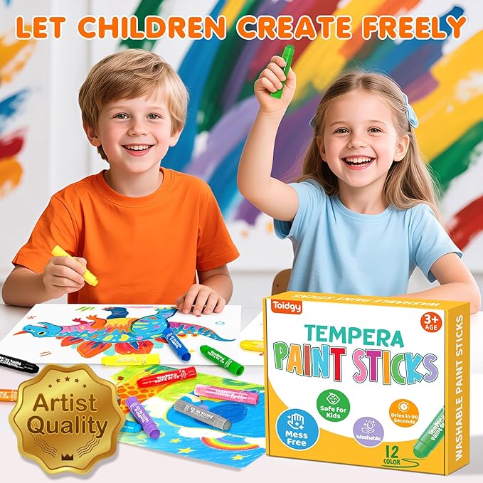 Toidgy 144 Pcs Tempera Paint Sticks, 12 Classic Colors, Washable Solid Paint Sticks for Kids Toddlers, Painting Art Supplies for Classroom Students, Class Pack, Non-Toxic, Quick Drying, Back to School Supplies Bulk