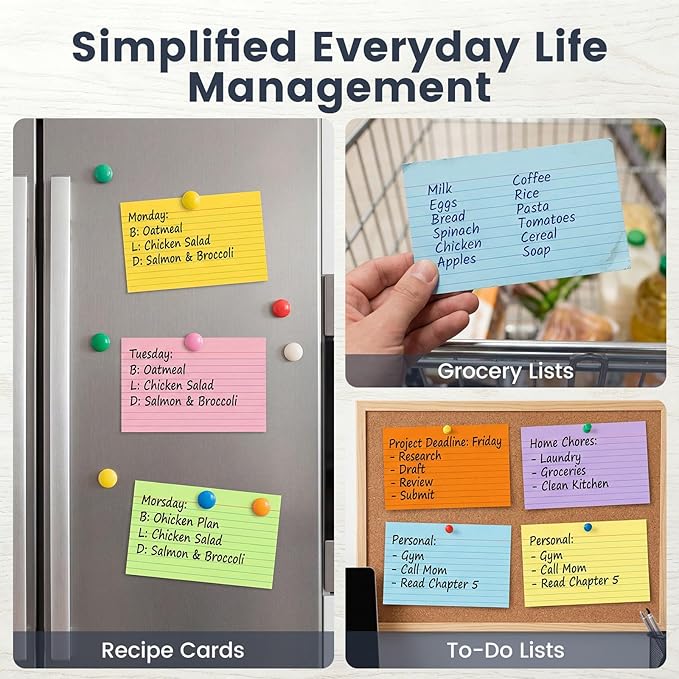 Koogel Index Cards 3x5, 272 Count, Colored Ruled Flash Cards for Studying, 34 Pack of 8, Heavy Weight Lined Notecard Portable Note Taking for Students Teachers School Office Home Supplies, 8 Colors