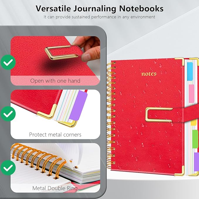 Hardcover Spiral Notebook College Ruled, 6.2"x 8.2" Leather Journal Notebook with Magnetic Closure, 300 Pages 5 Subject Notebook with Dividers Tabs Journal for Women Men, Work, School(Red)