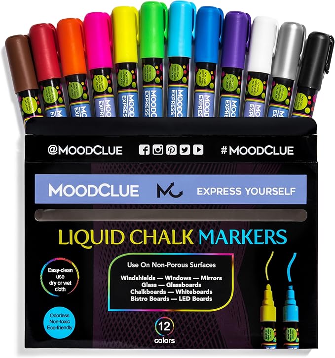 MoodClue Liquid chalk markers 12 neon erasable Whiteboards, glass boards, chalkboards, windows, mirrors, car windshields, auto, glass. Odorless, non-toxic. Wet or dry erase. Thick and thin tip