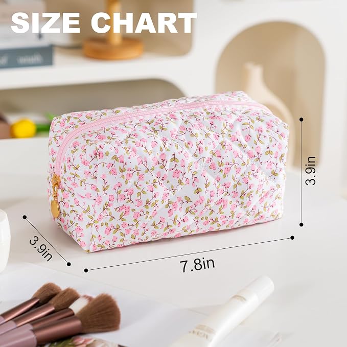 Makeup Bag Travel Toiletry Bag for Women, Small Cosmetic Bags Cute Quilted Cotton Makeup Pouch for Purse Emergency Bag Floral Pencil Case Accessory Bag, Pink