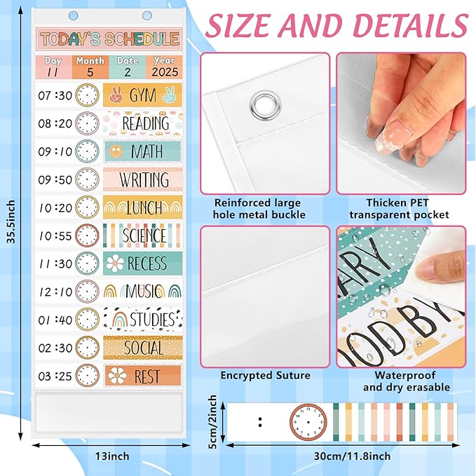 JarThenaAMCS Boho Daily Schedule Pocket Chart 13 x 35.5 In Rainbow Flower Smile 13 + 1 Pocket Visual Schedule Chart Board with 24 Card for Classroom Home Office Supplies