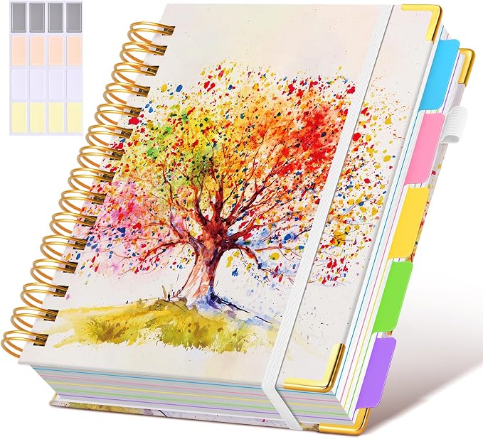 Hardcover Spiral Notebook journal with Removable Dividers Tabs, 300 Pages 5 Subject Notebook College Ruled, 100GMS Notebooks for Work School Note taking,Lined Journal for Women,A5 Colorful Tree of Life