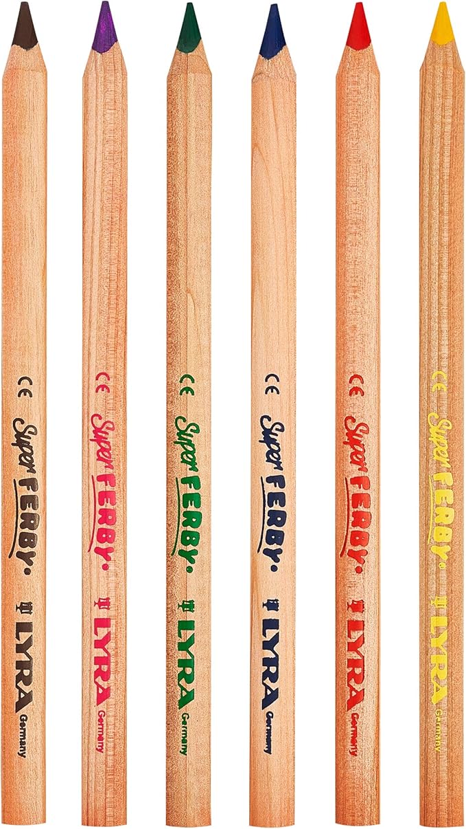 Lyra Waldorf Selection Giant Triangular Colored Pencil, Unlacquered, Set of 6 Super Ferby Pencils, Assorted Colors (3711061)