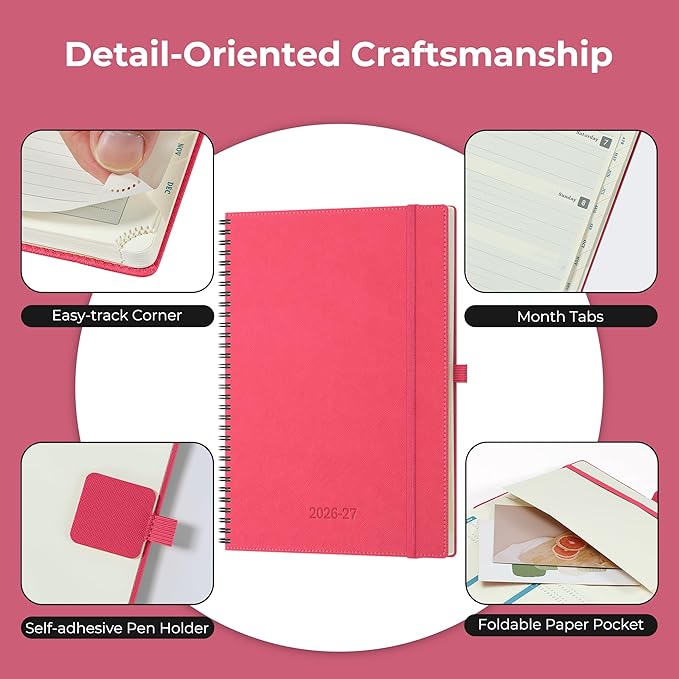 Planner 2026-2027 Daily Weekly and Monthly,11.5"x8.5",18 Months Spiral Bound Calendar Agenda with Self-adhesive Pen Holder,2026 Academic Plan with Vegan Leather Soft Cover,Rose Red
