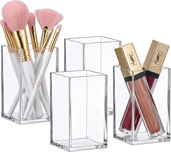 Amazing Abby - Penelope - 4-Pack Pen Holder, Acrylic Pen Holder, Clear Plastic Organizer for Office Supplies, Perfect Office Desktop Storage Solution for Pencils, Pens, Markers, Scissors, and More