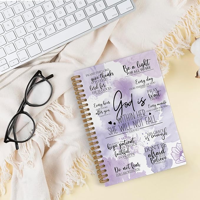 QLMX Purplle Christian Gifts for Women Spiral Notebook, God Is Within Her She Will Not Fall Journal Notebook, Bible Notebooks for School Work, Inspirational Religious Office Supplies Gifts, 5.5x8.3In