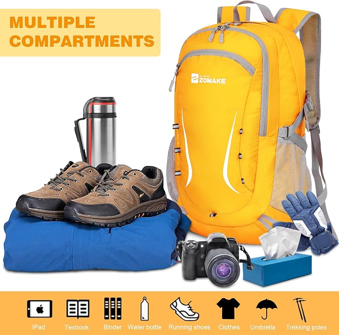 ZOMAKE Lightweight Packable Backpack 35L, Foldable Backpacks Water Resistant Collapsible Light Daypack for Hiking(Yellow) | Light Hiking Backpacks Water Resistant Collapsible Day Pack for Travel, Everyday Carry, Multi-Pocket Layout, Heavy Duty Nylon