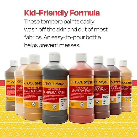 School Smart Washable Tempera Paints for School and Arts and Crafts Use, 16 Ounces Each, Assorted Multicultural Colors, Set of 8