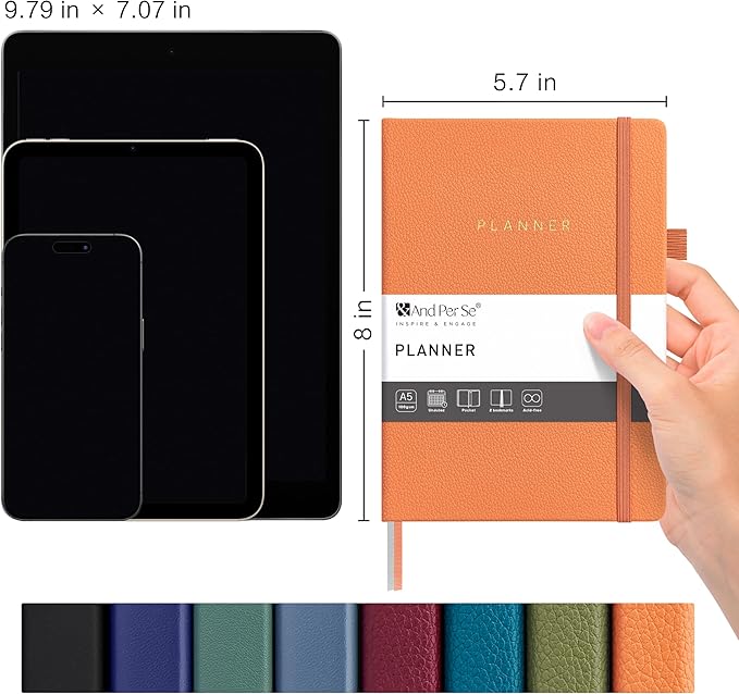 And Per Se Undated Planner, Weekly & Monthly Planner with Goal & Habit Tracker, A5 Leather Hardcover Productivity Journal for Academic Year (Pumpkin Orange)