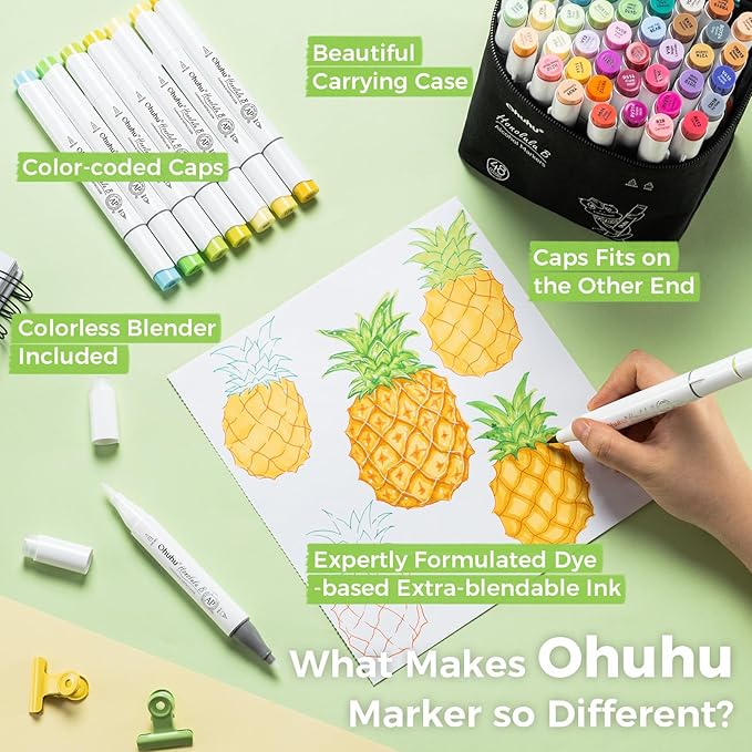 Ohuhu Alcohol Markers Brush and Fine Tip - 48-Color Alcohol-based Art Sketch Marker Set for Artist Adults Coloring Illustration - Brush and Fine Dual Tips- Honolulu B - Refillable - AP Certificated