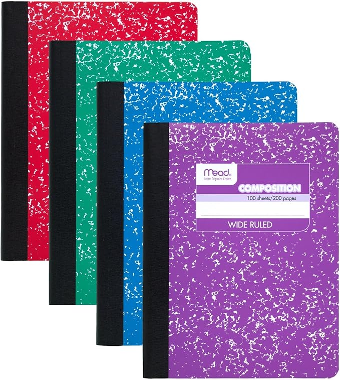 Mead Composition Notebook, Comp Book, Wide Ruled Paper, 100 Sheets, 9-3/4" x 7-1/2", Fashion, Square Deal, Assorted Colors, Color Selected May Vary, 1 Count (09918)