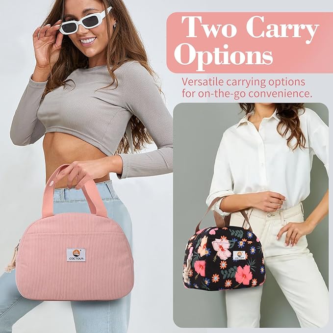 CaCTOUR Lunch Box Lunch Bag for Women Girls Teens, Cute Lunch Box Cooler Bag, Portable Small Insulated LunchBox Reusable Corduroy Lunch Tote for Work/Travel/Picnic/School(Pink)