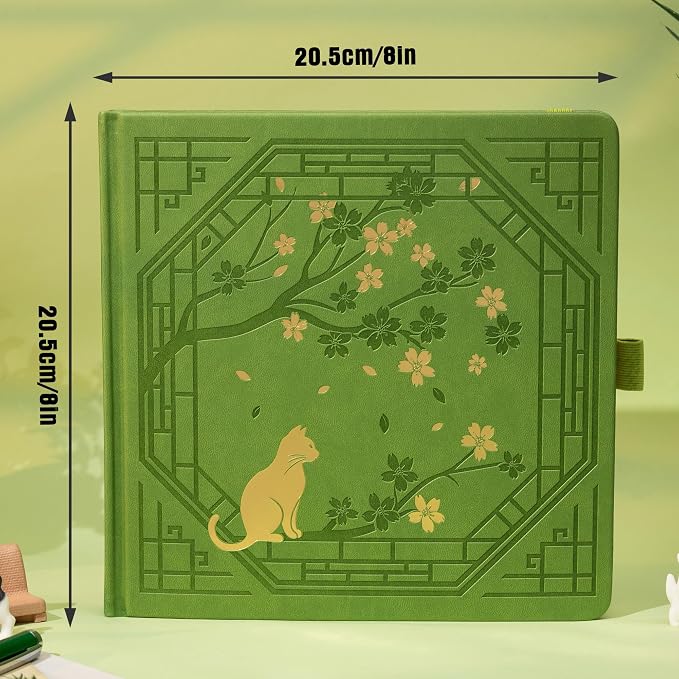 TIEFOSSI Square Dotted Journal, Cute Cat Journal for Women Girls, Dot Notebook with Pretty Sakura Pattern, Aesthetic Diary for Writing Journaling Drawing, Golden Edges, 8 x 8 IN