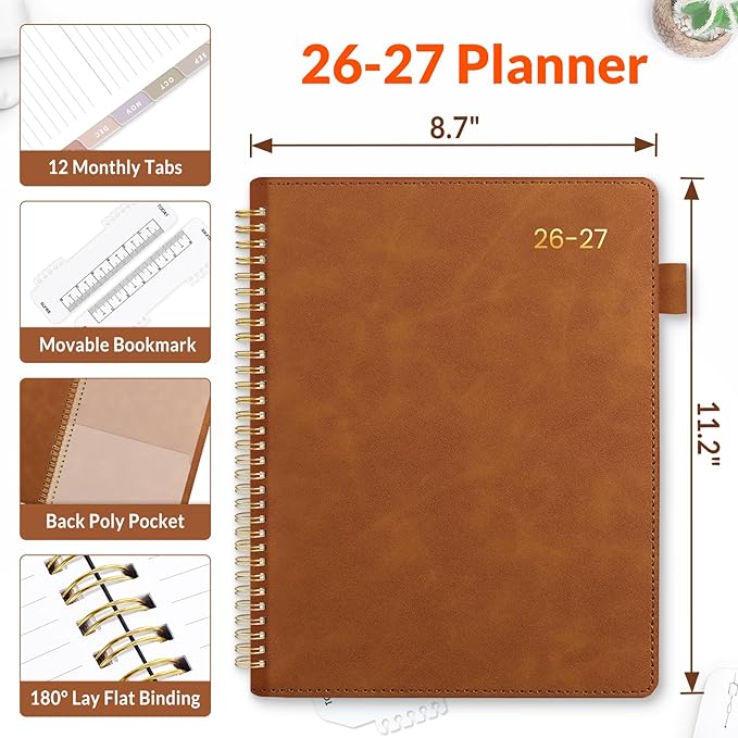 SUNEE 2026-2027 Weekly & Monthly Planner 9"x11.2" - 12 Month (July 2026 - June 2027), Vegan Leather Cover Planner Academic Year Calendar, Pocket, Notes, Monthly Tab, Brown