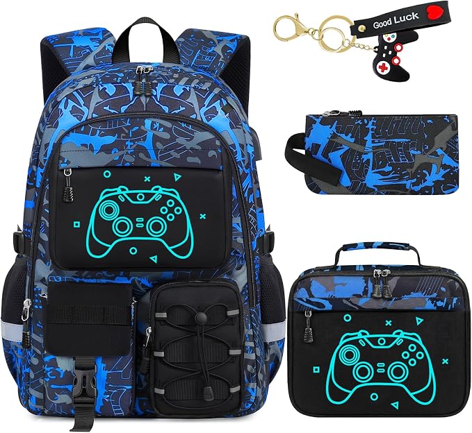 School Backpack for Boys - 4pcs Gamer Boys Backpack with Lunch Box Set for Kids Teens Elementary Middle High School,18″ Large Capacity Students Bookbag with Usb Charging Port & Key-chain