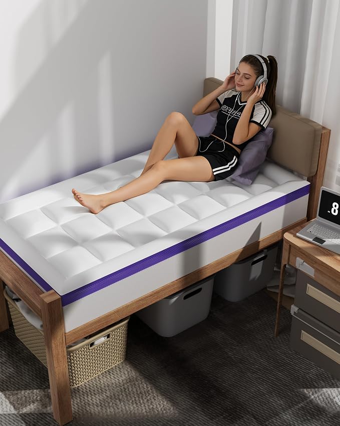 Dorm Room Essentials Dual Layer 4 Inch Memory Foam Mattress Topper Twin XL | 2 Inch Gel Memory Foam and 2 Inch Pillow Top Mattress Pad for Back to School , 7-Zone Egg Crate & 2-in-1 Design (White)