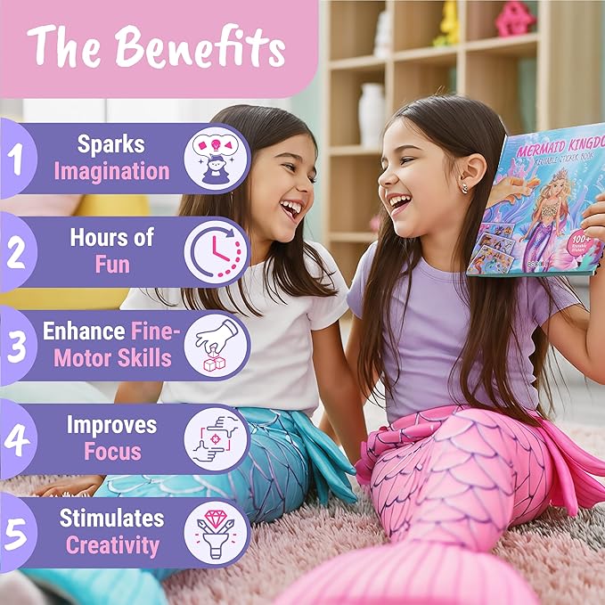 BSCOOL Mermaid Kingdom Reusable Sticker Book, 100+ Stickers, Underwater Fantasy Activity Book - Mermaid Sticker Dress Up for Girls Ages 4-6. Airplane Stickers Book for Toddlers. Gift for Girls