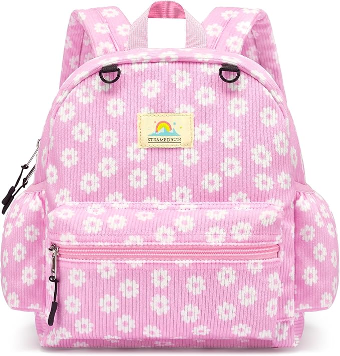 STEAMEDBUN Corduroy Toddler Backpack for Girls 2-4: Kids backpack for Boys Girls - 12 inch Preschool Kindergarten Backpacks - Pink Daisy