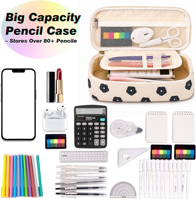 Big Capacity Pencil case,Soft Corduroy Pencil Bag,Cute Pen Case with Handle,5 Compartments, Wide Opening Pen Pouch Organizer for Teen Girls Women (Black Floral)
