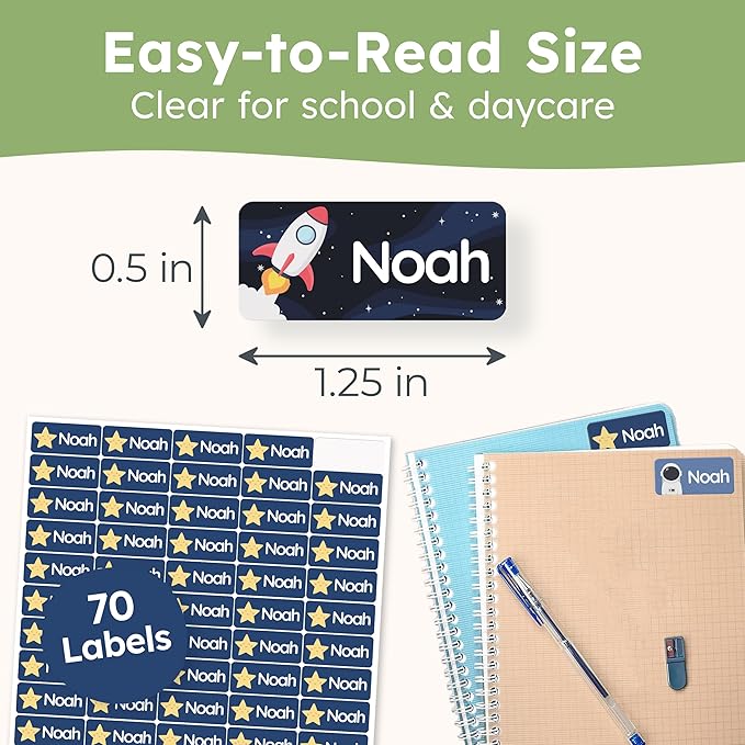 Personalized Name Labels for Kids (70 Labels) - Durable & Waterproof Custom Name Stickers for Clothing Tags, School Supplies, Camp & Daycare - Galaxy (1.2”x0.5”)
