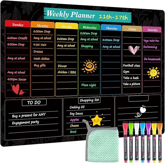 MaxGear Black Weekly Dry Erase Board,16"x12" Magnetic Whiteboard Meal Planner Blackboard for Fridge, Chalkboard Calendar Menu Planning Board Notepad for Kitchen with 7 Markers and 1 Eraser