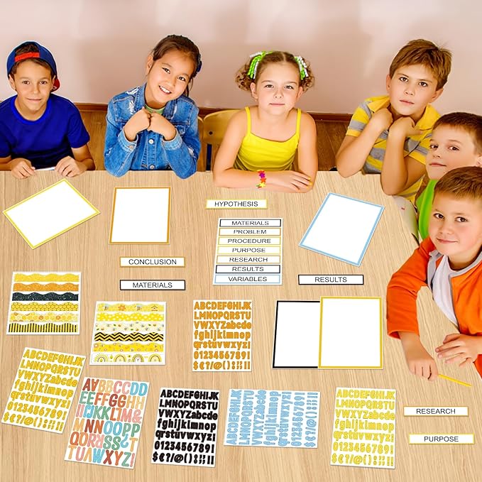 122Pcs Science Fair Board Supplies 72 Bee Trim Scalloped Borders 36 Presentation Board Subtitles 6 Self Adhesive Project Titles 8 Letter Stickers for Classroom Office Decor(Bee)