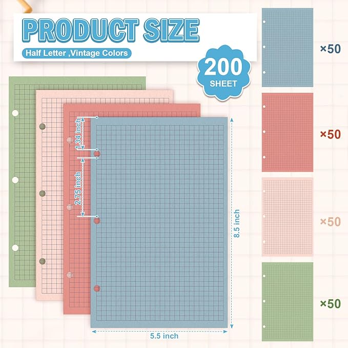 200 Sheets 5.5 * 8.5 Half Letter 3 Hole Notebook Grid Paper Refill Loose Leaf Paper for Mini Binder Colored Graph Paper Bulk Quad Ruled Graph Paper for Planner Inserts for School Office