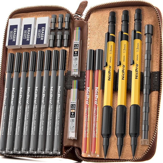 Nicpro 21PCS 1.3 mm Mechanical Pencil Set in Leathercase with 138 Lead | 3 Eraser, Eraser Refills- Weatherproof Metal Barrel, Heavy Duty Carpenter Pencil for Outdoor Marking Drawing Woodworking