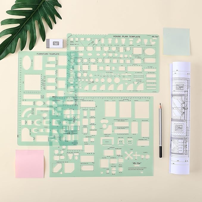Mr. Pen- House Plan, 3 pcs, Interior Design and Furniture Templates, Clear Flexible Plastic, Drafting Tools, Ruler Shapes for Architecture, 1/4 Inch Scale, Kitchen, Bath, Bedroom, Office, Living Room