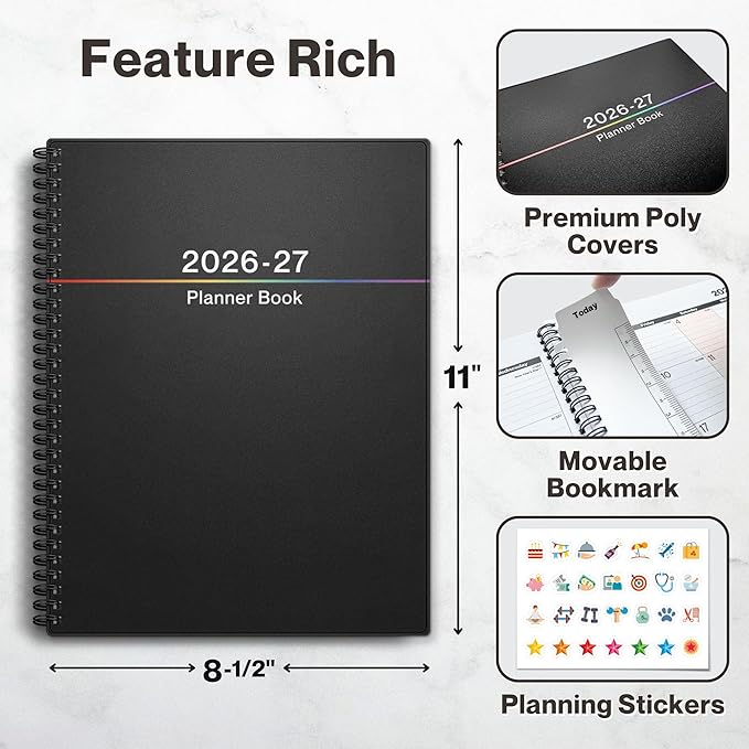 Dunwell Planner 2026-2027 8.5x11, July 2026 to June 2027, Weekly and Monthly Academic Year Planner Calendar, Flexible Cover, Wirebound, Laminated Tabs