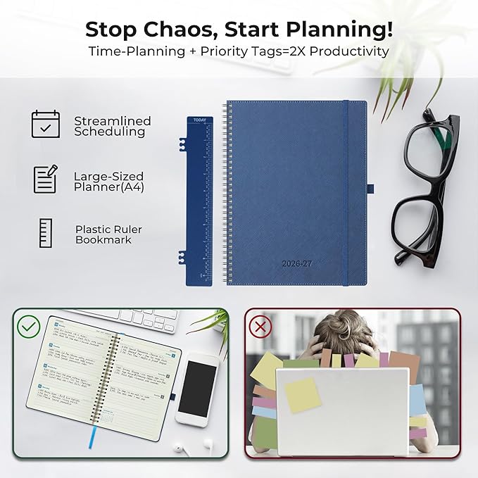 Planner 2026-2027 Daily Weekly and Monthly,11.5"x8.5",18 Months Spiral Bound Calendar Agenda with Self-adhesive Pen Holder,2026 Academic Plan with Vegan Leather Soft Cover,Blue