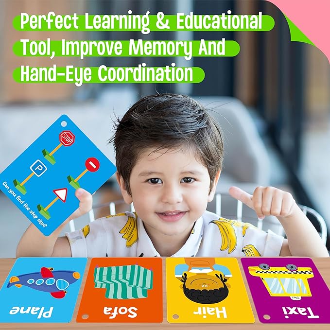 110 PCS Sight Word Flashcards, Double Sided Cards- Alphabet, Foods, Animals, Home Object with 4 Reclosable Rings, Early Learning Tool for Pre-K Kindergarten Toddlers