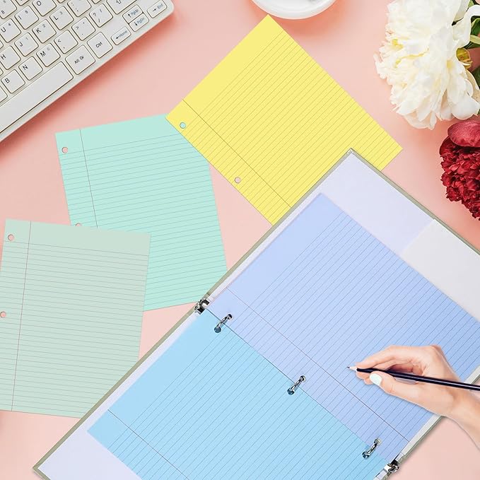 gisgfim 100 Sheets Loose Leaf Binder Paper, 8" x 10.5" Colored College Ruled Paper, 3 Hole Punched Lined Refill Inserts Thicken for 3-Ring Binders Notebooks Planner Writing School Office (Pastel)