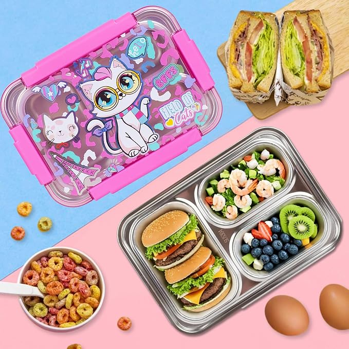 Stainless Steel Bento Lunch Box for Kids, 710ml/23.5oz BPA-Free Leak-Proof Food Containers with 3 Compartments, Back to School Students Daycare Lunches Snack Container Size for Ages 3-7