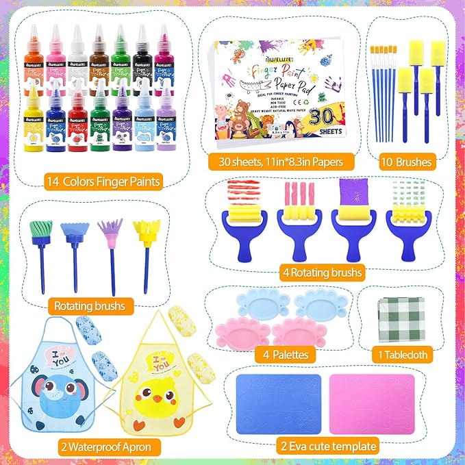 88 PCS Washable Finger Paint Set for Toddlers , 14 Colors Kids Paint Kit with Finger Paint Paper, Brushes, Rolling Tools, Cute EVA Templates, Waterproof Aprons & Palette — Non-Toxic Toddler Painting Set