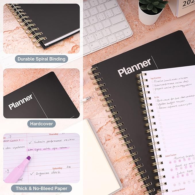 Undated Weekly Planner, 8.5" x 11", Dashboard Layout with Yearly Review, Monthly Calendars, & Weekly To Do List, Spiral Bound Organizer for Work, Study & Life (Black)