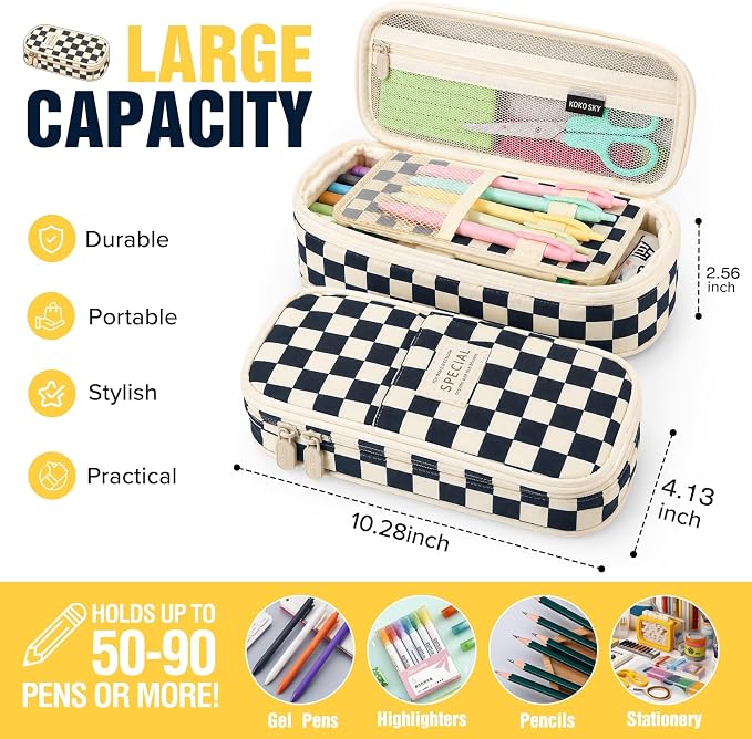 Pencil Case, Large Capacity Aesthetic Pencil Cases with Durable Zipper, Big Stationery Pencil Pouch for Women & Men , Adults Portable Storage Organizer Bag for College, Office, Travel (Black Grid)