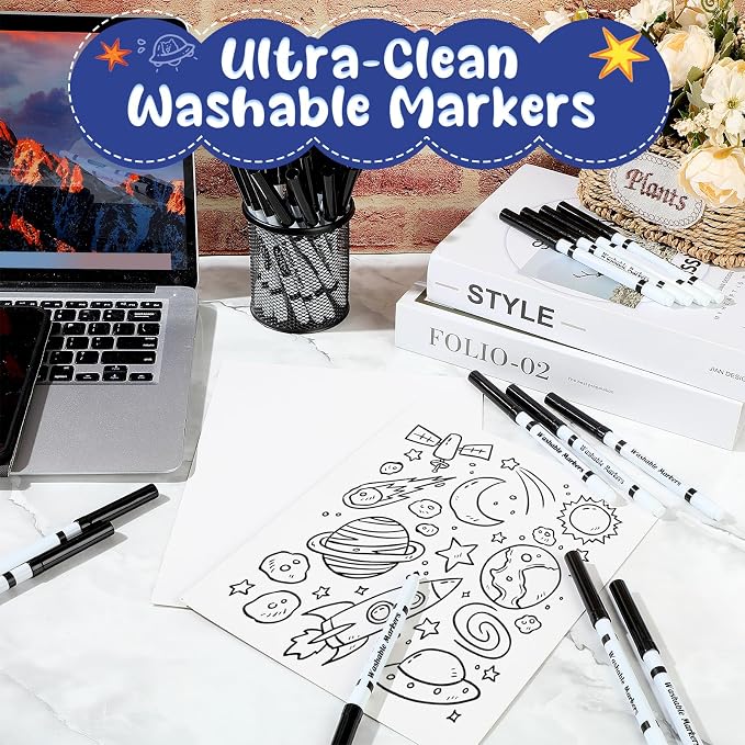 48 Pcs Line Washable Markers Bulk Black Fine Tip Markers Set Thin Coloring Marker Pens Black Tips Marker for Art Supplies, Ages 6+