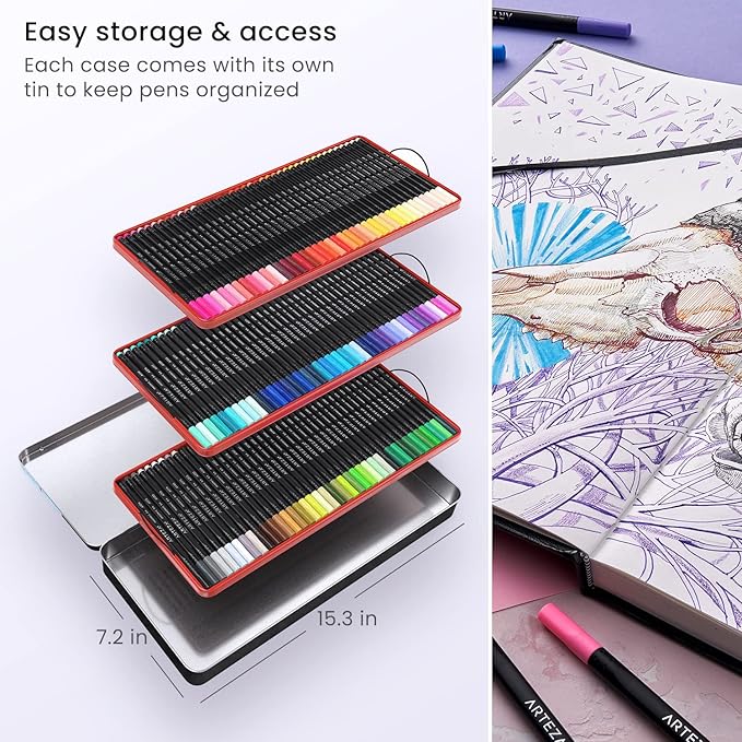 ARTEZA Inkonic Fineliner Pens, Set of 120, 0.4 mm Fine Tip Markers for Drawing, Journaling, Coloring & Note Taking