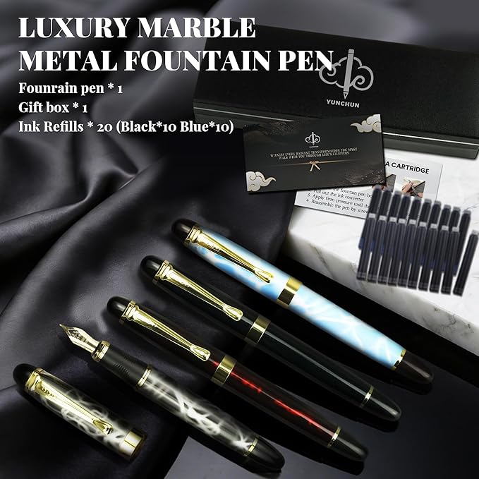 YUNCHUN Marble Fountain Pen for Writing, Refillable Luxury Metal Pens with Ink Pen with 10 Black and 10 Blue Ink Refills, Business Writing Fountain Pen for Men and Women, Marble Blue