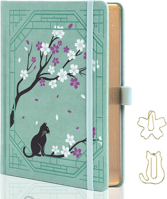 TIEFOSSI A5 Lined Journal, Cute Cat Journal for Women Girls, College Ruled Notebook with Pretty Sakura Pattern, Aesthetic Diary for Writing Journaling Drawing, Golden Edges