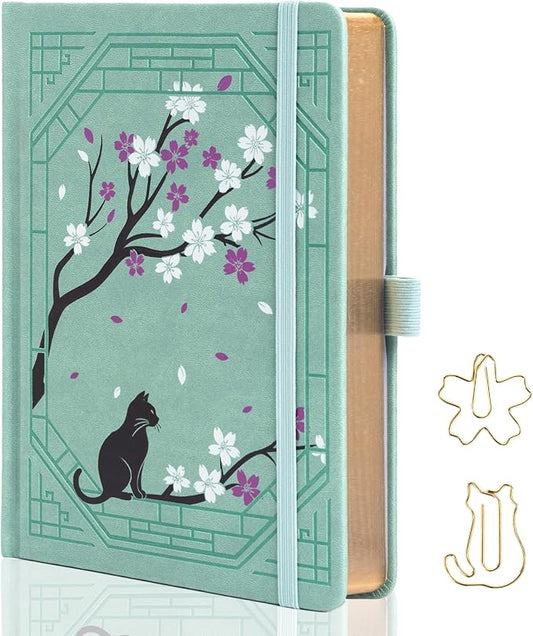 TIEFOSSI A5 Dotted Journal, Cute Cat Journal for Women Girls, Dot Notebook with Pretty Sakura Pattern, Aesthetic Diary for Writing Journaling Drawing, Golden Edges